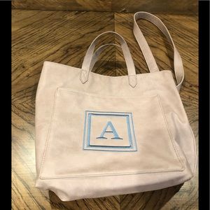 ThirtyOne Window Shopper in Stone Distressed Pebble with Blue Monigrammed A